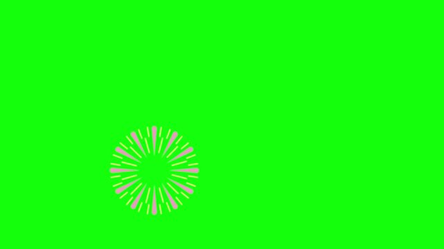 Animated 2D fireworks exploding outward, pink and blue starbursts radiating from the center, flat vector style, isolated on green screen background.