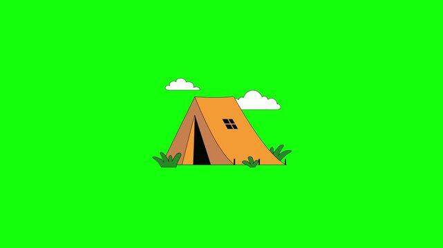 Animated 2D cartoon camping tent, orange fabric swaying gently in the wind, white clouds drifting slowly across, grass blades moving, isolated on green screen background.