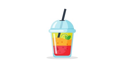 Fototapeta premium Cartoon illustration of a layered fruit smoothie in a transparent cup with a straw and lime slice