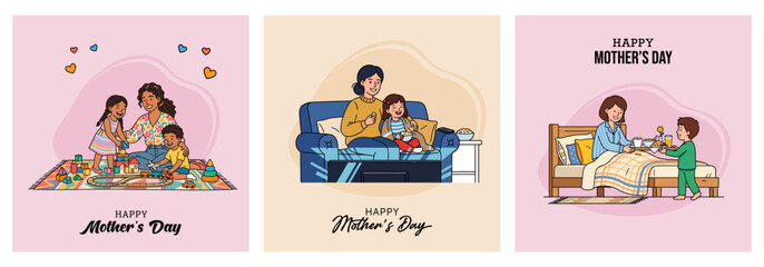 Fototapeta premium Set of Mother’s Day greeting card, poster, cover, vector illustration with mother playing with children, watching TV together, and serving breakfast in bed with warm family bonding moments