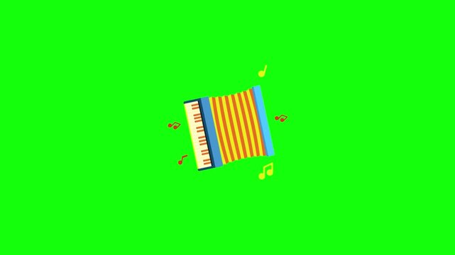 Animated 2D accordion playing, bellows expanding and contracting rhythmically, musical notes floating around, flat vector style, green screen background.