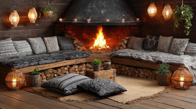 Cozy interior setting features a blazing fireplace flanked by comfortable wooden seating areas piled with patterned textiles.