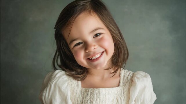 Smiling child portrait of happy little girl cute kid in white dress studio photography closeup brown hair laughter youth happiness emotion soft lighting background childhood innocence