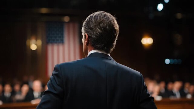 223Wide-angle cinematic shot of a man in a dark suit facing a congressional panel, official US flag behind the dais, judges and lawyers sharply focused, soft backlighting highlighting