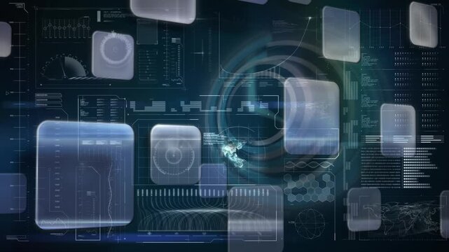 Multiple folder icons over digital interface with data processing against blue background