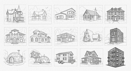 Naklejka premium Hand Drawn House Sketch, Residential Architecture Silhouettes, Pencil Home Designs, Building Illustration Vector Set