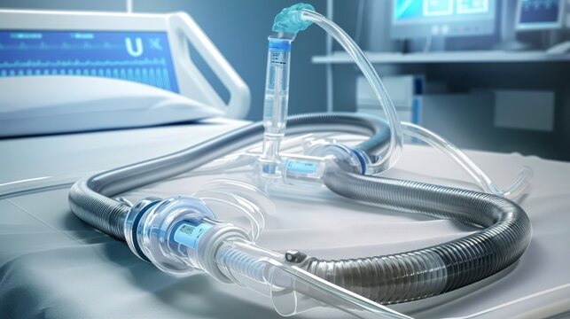 Medical Equipment on Hospital Bed with Breathing Tubes and Monitors