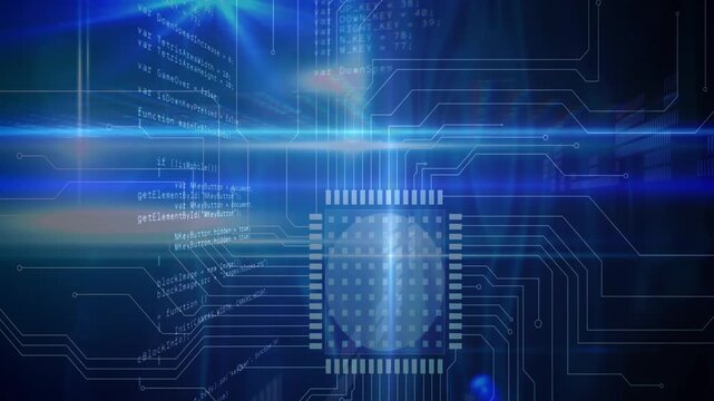 Animation of data processing and networks of connections over dark background