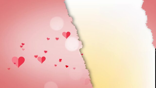 Animation of pink torn paper with red heart shapes moving upwards, copy space
