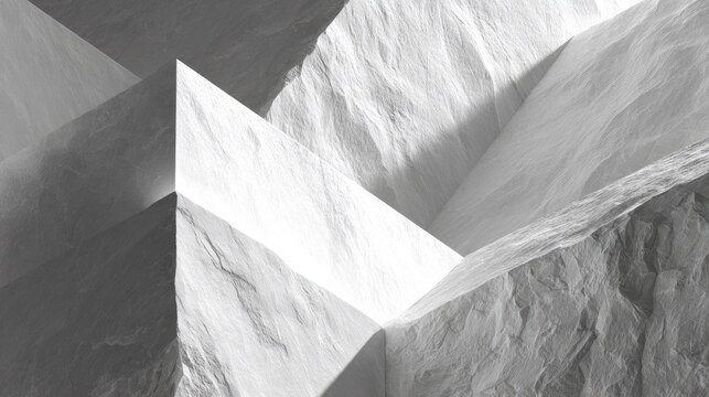 Abstract composition features angular geometric forms with rough, textured surfaces illuminated by strong light.