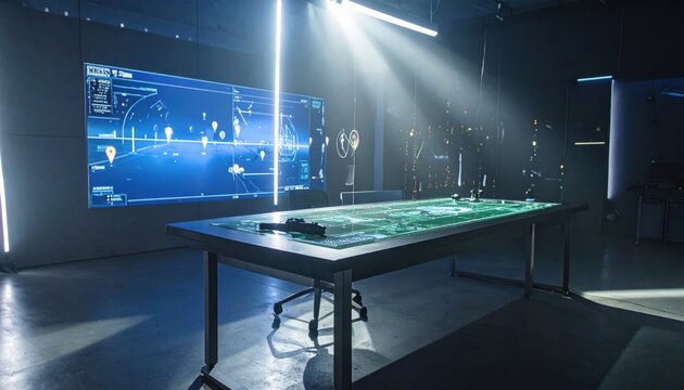 An advanced holographic battlefield projection glowing across a large tactical table in a dimly lit command room, featuring futuristic displays and intense strategic planning.