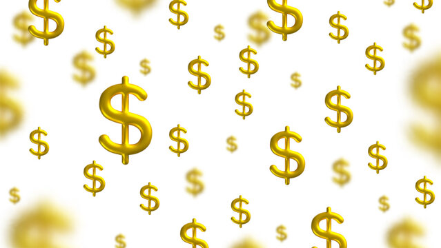 Golden dollar signs drift across a white background, creating a shiny money rain with a luxurious, cinematic mood. Vector illustration