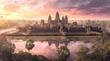 Fototapeta premium Majestic Sunrise at Ancient Temple Surrounded by Lush Wilderness