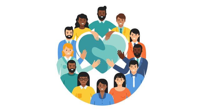 Diverse Global Community Embracing a Heart Symbolizing Unity, Collaboration, Support & Inclusion
