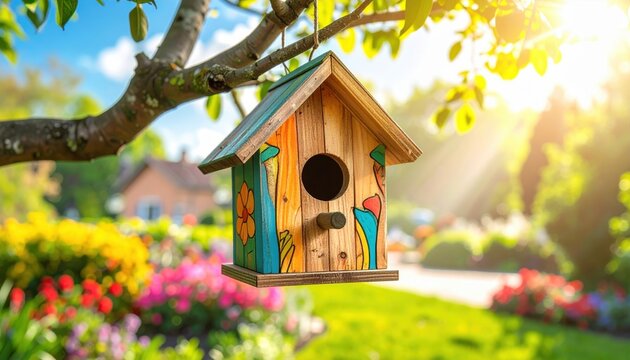 A vibrantly painted wooden birdhouse with whimsical designs is gracefully hanging from a sturdy tree branch, bathing in bright sunlight within a charming garden.