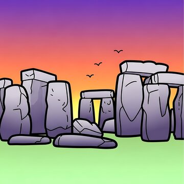 Cartoon depiction of ancient megalithic structure under a colorful sunset, with birds flying above