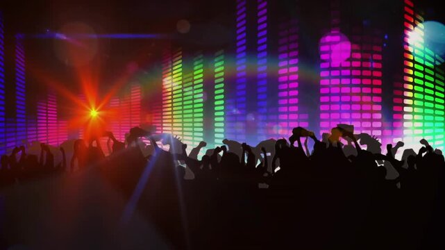 Animation of people silhouettes dancing with spotlights and rainbow graphic music equalizer