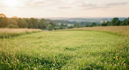 Fototapeta premium Sunny green meadow landscape with soft grass and wildflowers under warm natural light. Blurred countryside background with rolling hills and gentle sunset sky creates a peaceful rural atmosphere. 