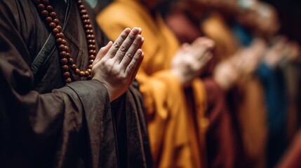 Obraz premium Buddhist Chinese monk holding prayer beads in meditation. Calm spiritual moment symbolizing mindfulness, devotion, and inner peace.