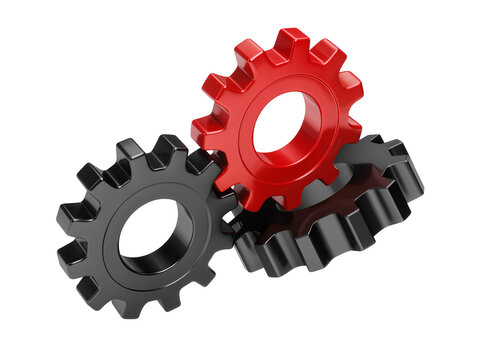 Isolated three industrial gears, two black and one red, meshing together, teamwork concept
