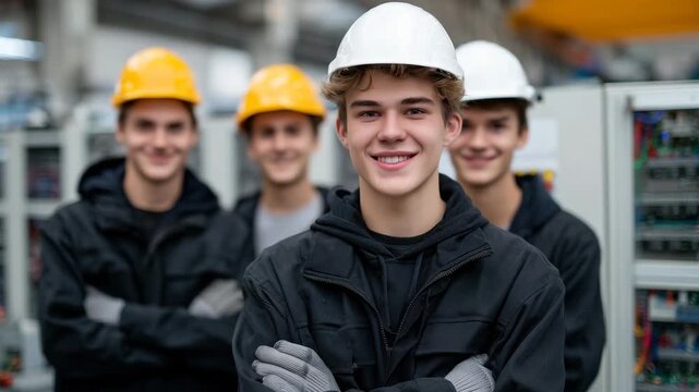 Group portrait of young electrical students standing around their project, wearing safety helmets and gloves, smiling and confident, vocational training lab filled with equipment a