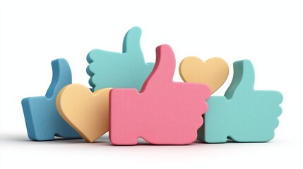 Fototapeta premium Thumbs up and heart icons on a clean white background, symbolizing like and love reactions. Minimal design for social media engagement, approval, and positive feedback.