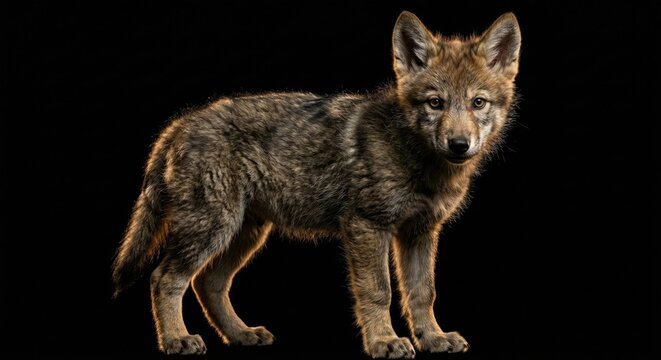 Young wolf pup standing isolated on black background, baby gray wolf portrait