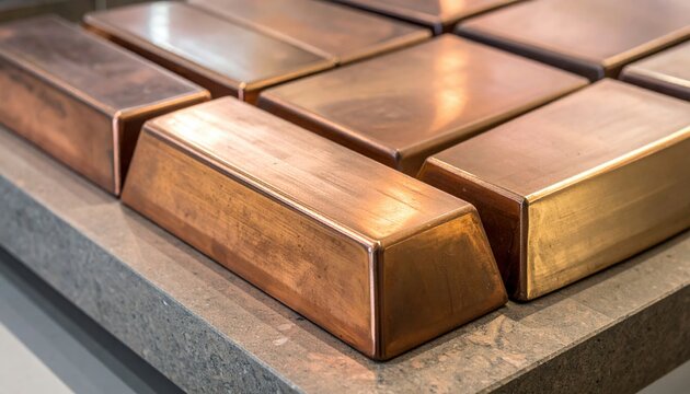 Solid rectangular bronze ingots stacked in geometric patterns on a textured stone surface