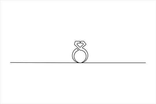 Continuous one-line drawing of an engagement ring with a diamond top. Minimalist jewelry icon for bridal branding, weddings, and modern design.