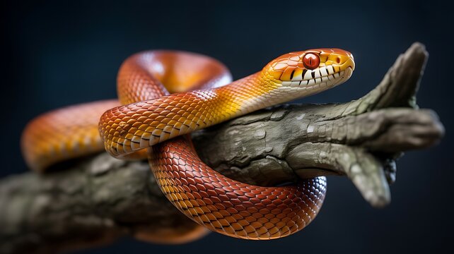 Bright corn snake coiled around a rustic tree branch on dark background