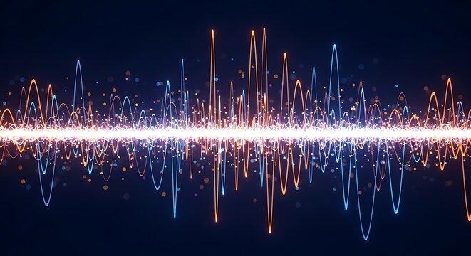 Glowing digital sound wave visualization with vibrant orange and blue light particles on a dark abstract background