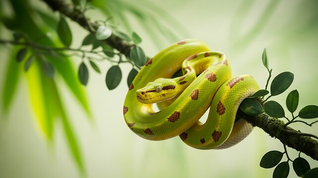 Bright green tree python with reddish spots resting on a forest branch