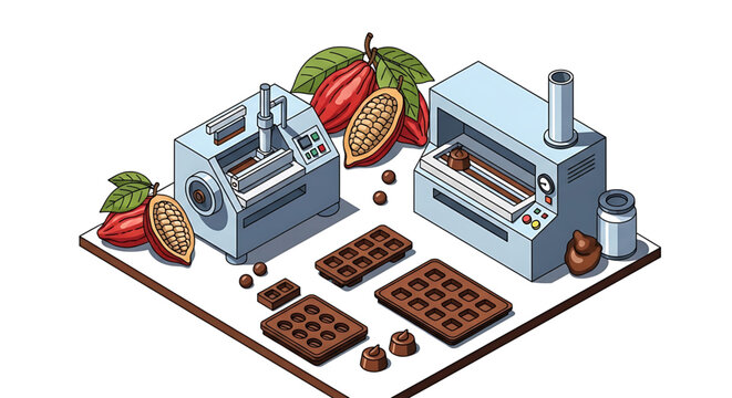 A vector graphic illustration of chocolate making machines and cacao fruits on a table