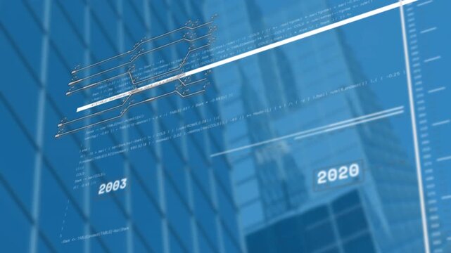 Animation of interface with data processing against tall building