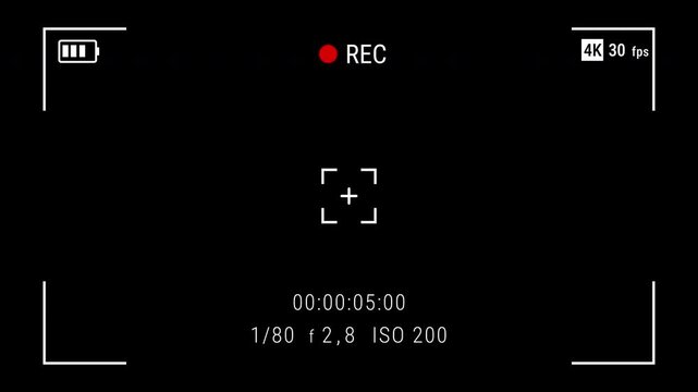 Video camera recorder screen overlay with Alpha Channel. with REC symbol, timer, ISO, and battery indicators over. 4k video.