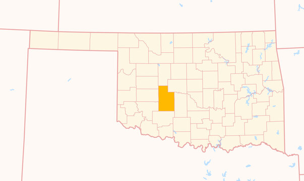 Map of the County Caddo (Oklahoma, US) showing the Federal State with the highlighted County