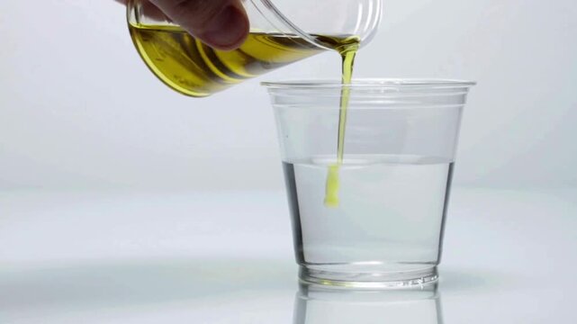 A hand pouring yellow liquid into a clear plastic cup with water