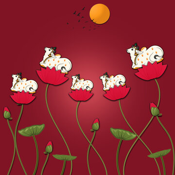 Pichwai Kamdhenu cows on lotus leaves with vibrant backgraound