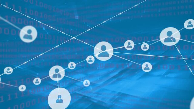 Animation of network of connections with icons and binary coding data processing
