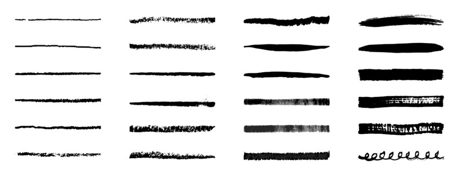 Horizontal lines set. Hand drawn pancil, charcoal, chalk, crayon, marker strokes. Rough textured pencil lines with textured edges. Design elements for emphasizing text or decorative accent.