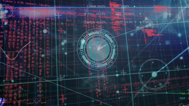 Animation of financial data processing over clock ticking