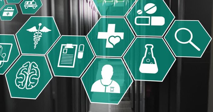 Animation of floating icon in hexagons over server room in background