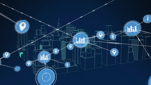 Animation of connected icons over 3d model of modern city against blue background
