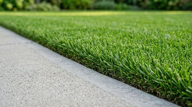 Lawn grass garden green outdoor yard landscape summer nature fresh lawn grass edging garden path, sharp border between green yard and concrete walkway summer outdoor landscape creating clean calm