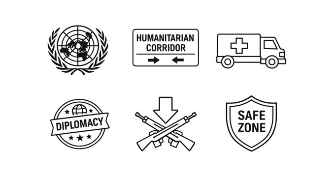 Six line icons including un emblem, humanitarian corridor, ambulance and safe zone