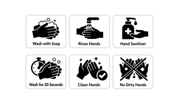 Six bold black icons in rounded squares illustrating hand wash steps including soap, rinse, sanitizer, 20 seconds, clean hands, and no dirty hands