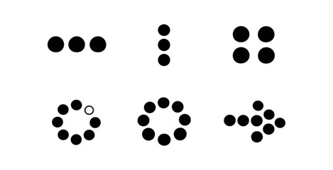 Fototapeta premium Simple black dot icons showing three, vertical, four, loading, circle and arrow arrangements