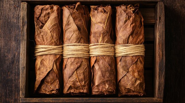 Bundled sun-cured tobacco leaves tied with natural twine