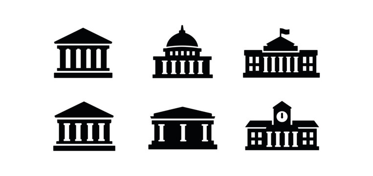 Solid black civic building icons for bank, courthouse, government building, museum, library, and city hall on rounded tiles.