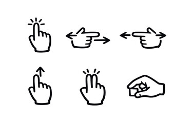 Fototapeta premium Six hand gesture icons showing tap, swipe right, swipe left, swipe up, double tap, pinch